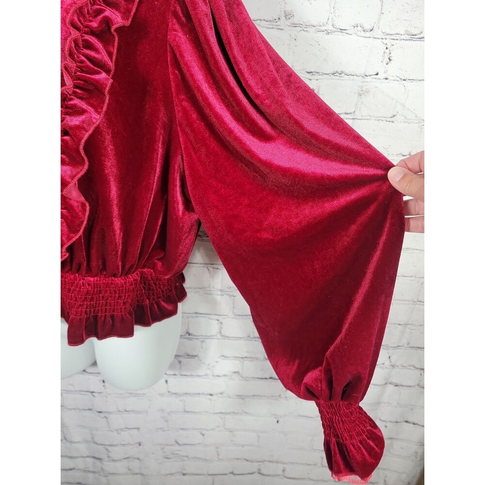 ROMWE Velvet Top 1XL Red Victorian Gothic Witch Ruffled High Neck Crochet NEW - Picture 3 of 9